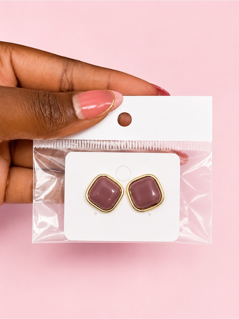 Gold-Trim Mauve Square Stud Earrings - Women Jewelry